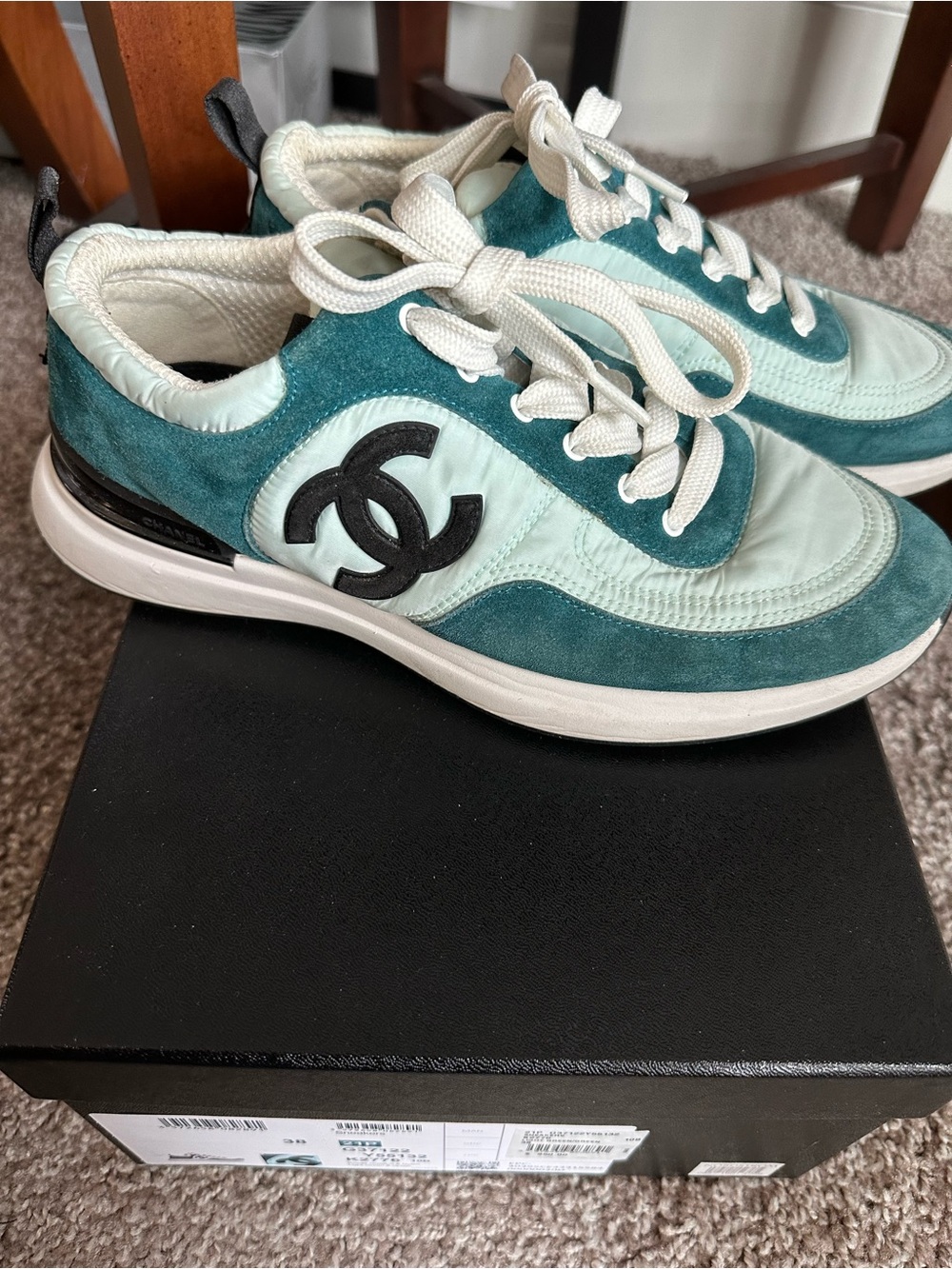 CHANEL Teal & Mint Suede and Leather Low-Top Sneakers